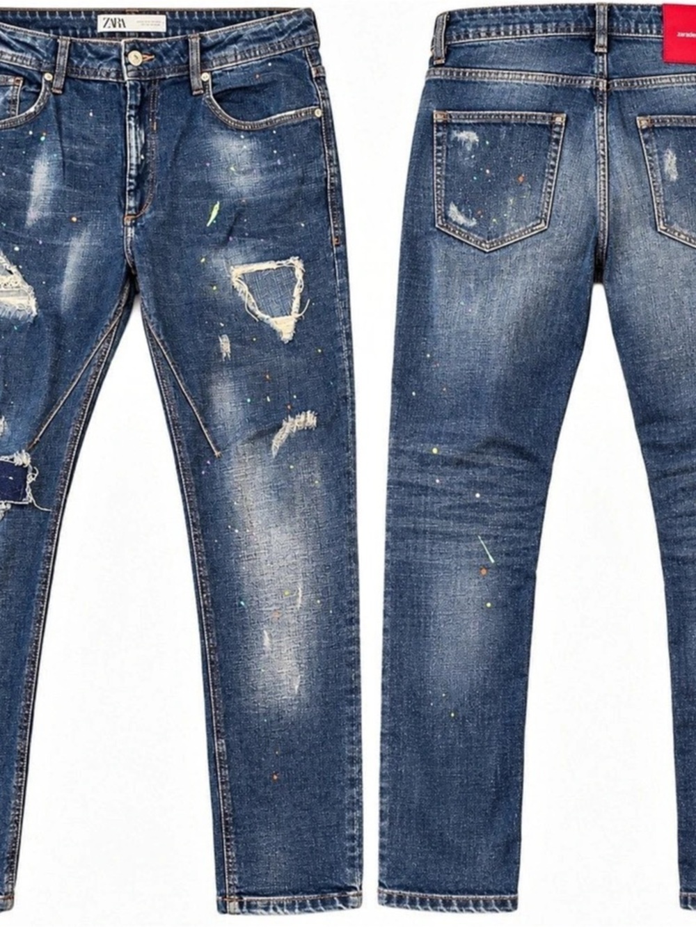 ZARA Men’s 36 Distressed Paint Splatter Jeans Blue Denim Ripped Patch 36x30